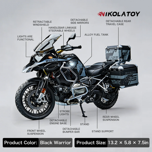 🏍️ 1/6 Scale Alloy Adventure Motorcycle – Light & Spray Action! 💡💧